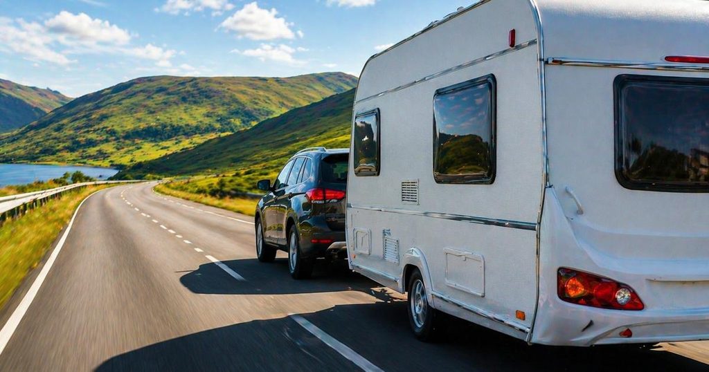 Car towing a caravan
